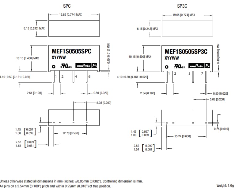 Technische Zeichnung - Murata Power Solutions MEF1-Serie - Isolierte DC-DC-Wandler mit 1W reguliertem Einzelausgang